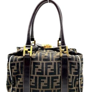 Auth FENDI Zucca Canvas & Leather  Brown FF Logo Boston Handbag